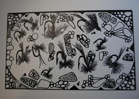 Handmade Zenmind Artwork Blank Greeting Card - Fishing Flies - Black & White - Kimberly Fagan