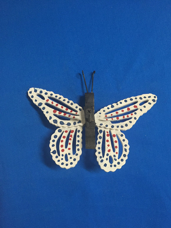 Handcrafted Wooden Butterfly - White with Blue & Red Dots - Turkey Duster Game Call