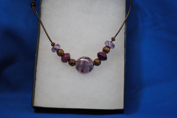 Necklace with 5 Glass Beads & Copper Beads on Leather - Joy Beadz Glass Jewelry