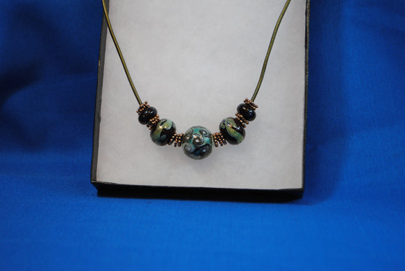 Necklace with Brown Copper, Green Glass Beads on Leather - Joy Beadz Glass Jewelry